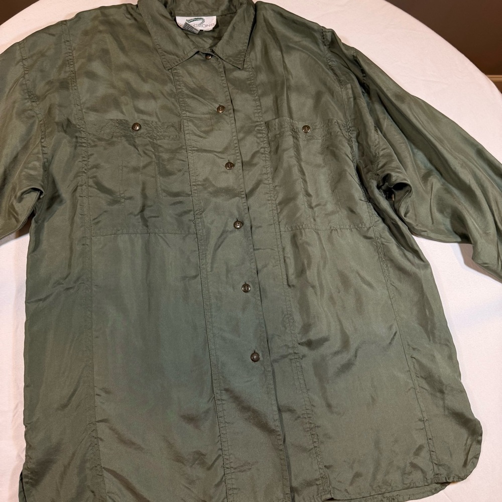Diversions‎ 100 Silk Button Down Sage Safari M Top Oversized Long Sleeve Utility - Picture 8 of 12